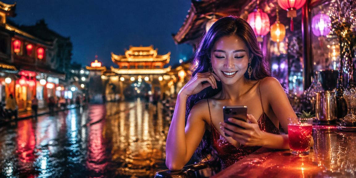 Người dùng tại Huế truy cập xomien trên điện thoại trong không gian ánh đèn neon
